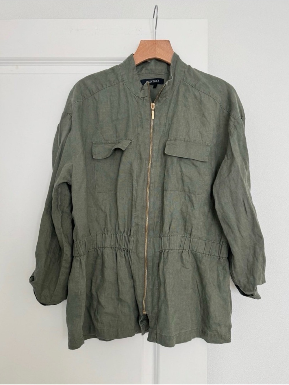 Ellen Tracy women’s 100% linen olive green utility drawstring jacket coat LARGE